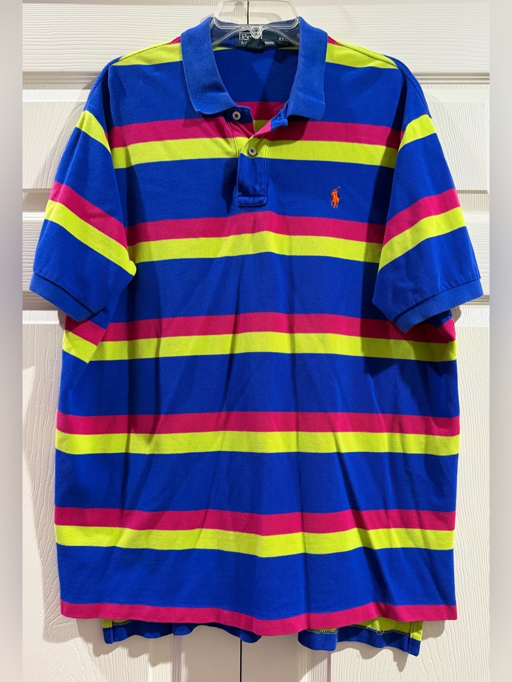 VTG 90s Polo Ralph Lauren Multi Stripe Pique Mesh Shirt XXL Blue Pink Yellow